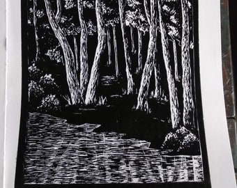 landscape painting in woodcut design for wall hanging, wall painting and wall art purpose.