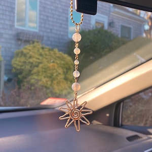 Sun Handmade Car Charm- White and Gold - rearview mirror decor -cute boho indie nature - stone crystal pearl -gifts for teens- gifts for her