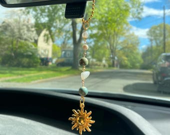 Beaded Crystal Sunshine Car Charm. Car Accessory with Ceramic, Agate, Pearl. Unique Gifts for Women, Teens Rearview Mirror Decoration.