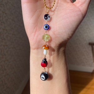 Urok Samochodowy na Powodzenia. Akcesorium Samochodowe z Lampwork Glass, Muszlą i Złym Okiem. Urocze Prezenty dla Kobiet i Nastolatków Lusterko Wsteczne. Urokliwy Urok.
