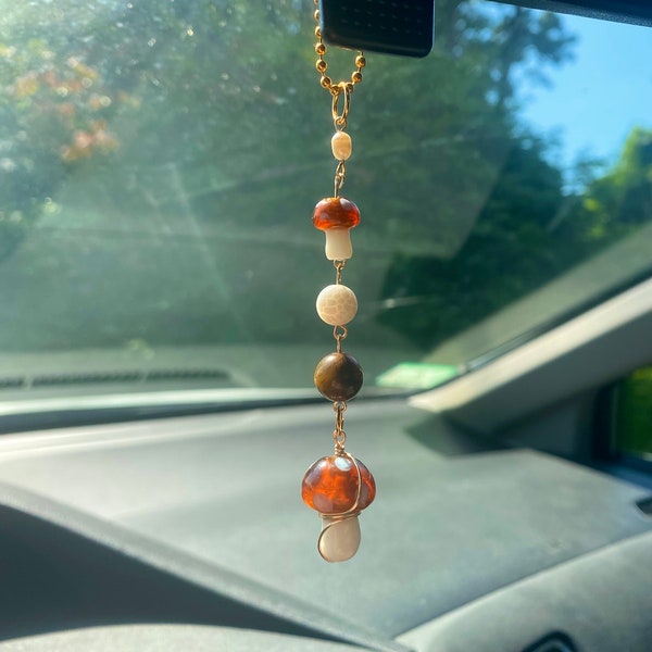 Brown mushroom car charm - boho cute rearview mirror cottagecore accessory jewelry - nature, summer, pearl - gifts for teens - gifts for her