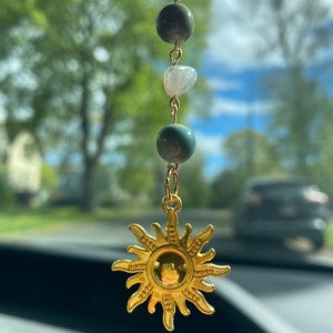 Sun Handmade Car Charm Green and Gold rearview mirror decor-cute boho summer accessory nature-crystal, pearl-gifts for teens-gifts for her image 3