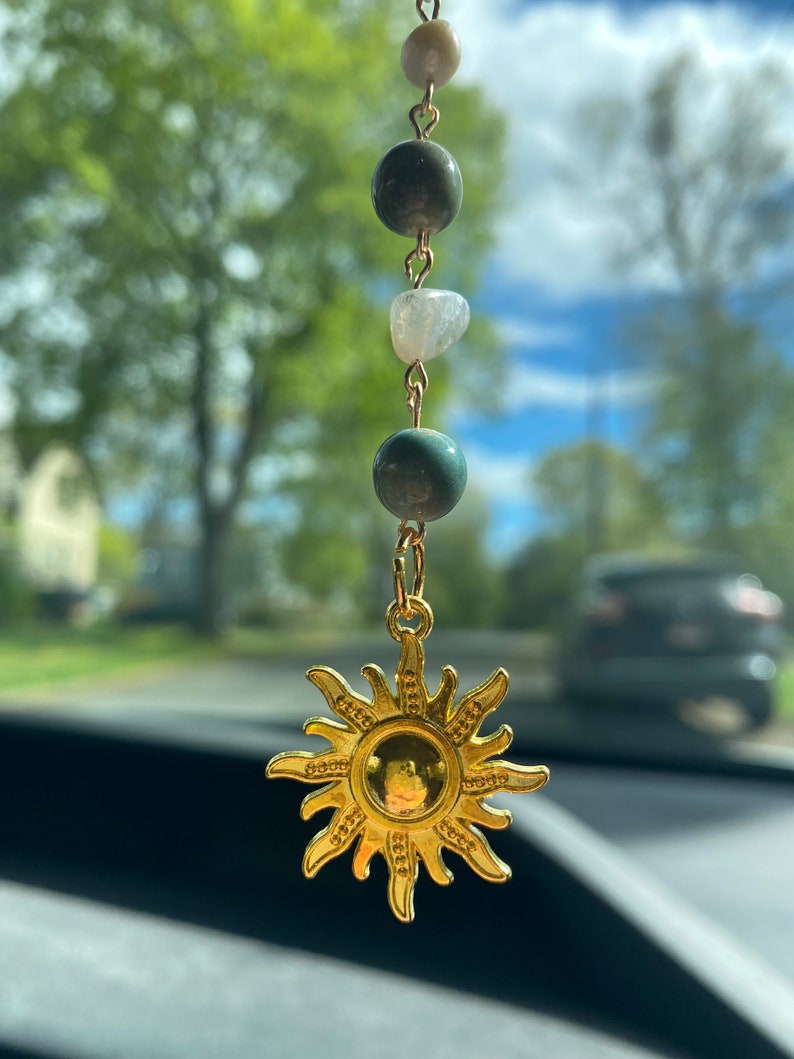 Sun Handmade Car Charm Green and Gold rearview mirror decor-cute boho summer accessory nature-crystal, pearl-gifts for teens-gifts for her image 3