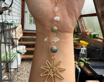 Handmade Sun Car Charm, Agate, Pearl Rearview Mirror Decoration