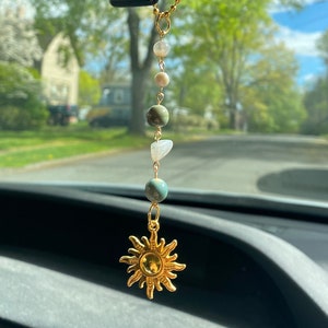 Sun Handmade Car Charm Green and Gold rearview mirror decor-cute boho summer accessory nature-crystal, pearl-gifts for teens-gifts for her image 1