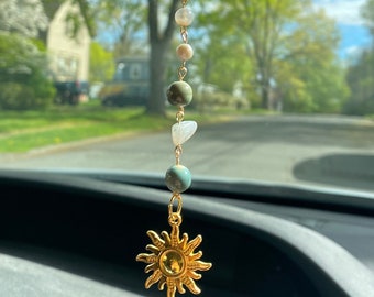 Sun Handmade Car Charm -Green and Gold -rearview mirror decor-cute boho summer accessory nature-crystal, pearl-gifts for teens-gifts for her