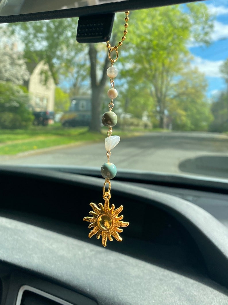 Sun Handmade Car Charm Green and Gold rearview mirror decor-cute boho summer accessory nature-crystal, pearl-gifts for teens-gifts for her image 1