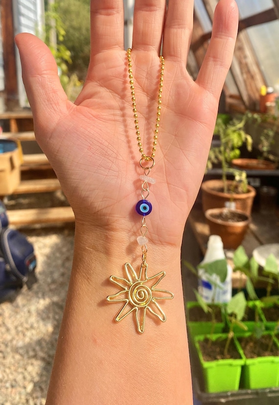Sun Evil Eye Car Charm - Handmade Crystal & Stone Rearview Mirror Decor For Good Luck, Protection & Positive Vibes (Boho Style) - View #3