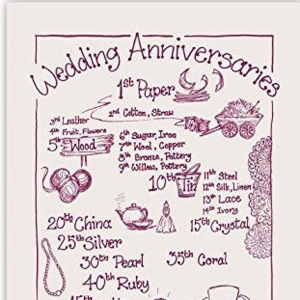 Wedding Anniversaries TEA TOWEL Natural/Maroon Print