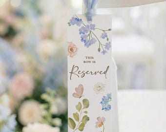 Wildflower Custom Reserved Chair Tag with Raw Edge Ribbon, Blue and Pink Floral Wedding Aisle Decor, Ceremony Seating Sign for Family