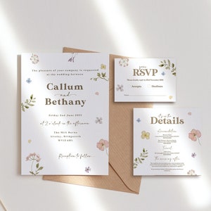 Suite de faire-part de mariage jardin de fleurs sauvages pastel pressé / carte de papeterie florale / printemps de rêve / lot de douche de fleurs bohème fait main