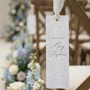 Dusty Blue Toile Reserved Seat Sign, Custom Wedding Name Tag, Raw Ribbon, Vintage Floral Ceremony Decor, Old Money Aesthetic, Patina Blue image 8
