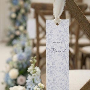 Dusty Blue Toile Reserved Seat Sign, Custom Wedding Name Tag, Raw Ribbon, Vintage Floral Ceremony Decor, Old Money Aesthetic, Patina Blue image 1