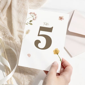 Numéro de table de jardin de fleurs sauvages pressées à la main / Carte de papeterie de mariage floral / Signe botanique de fleur Boho fait à la main / Décor de table