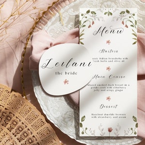 Rose Wildblumen Hochzeit Menü Tischkarte / Blumen Briefpapier / Verträumter Frühling / Handgemachte Boho Blume Romantische Vintage Gepresst Garten