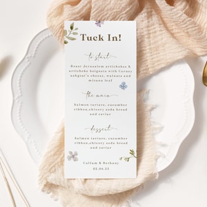Menú de boda de jardín de flores silvestres pastel prensado / Tarjeta de papelería floral / Primavera de ensueño / Signo de mesa de flores boho hecho a mano / Nombre de señalización