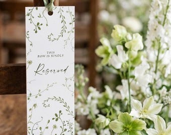 Sage Green Personalised Floral Reserved Chair Tags – Botanical Wedding Ceremony Aisle Seat Signs with Ribbon