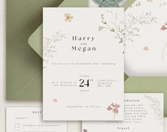 Pressed Wildflower Wedding Invitation Sample | Botanical Wedding Invite | Rustic Wedding Stationery | Boho Floral Invitation Suite
