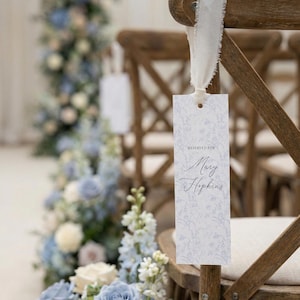 Dusty Blue Toile Reserved Seat Sign, Custom Wedding Name Tag, Raw Ribbon, Vintage Floral Ceremony Decor, Old Money Aesthetic, Patina Blue image 3