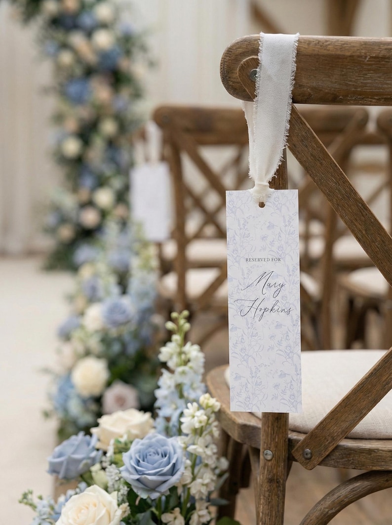 Dusty Blue Toile Reserved Seat Sign, Custom Wedding Name Tag, Raw Ribbon, Vintage Floral Ceremony Decor, Old Money Aesthetic, Patina Blue image 3
