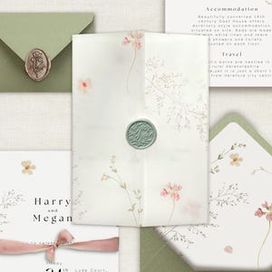 Zestaw zaproszeń ślubnych Sage Wildflower | Karta z kwiatowym wzorem | Ręcznie robione wiosenne wzory | Boho prasowane kwiaty | Kurtka z welinu | Ogród łąkowy