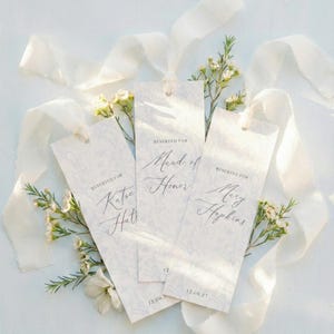Dusty Blue Toile Reserved Seat Sign, Custom Wedding Name Tag, Raw Ribbon, Vintage Floral Ceremony Decor, Old Money Aesthetic, Patina Blue image 2