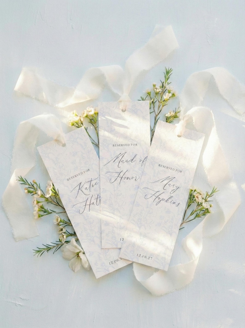 Dusty Blue Toile Reserved Seat Sign, Custom Wedding Name Tag, Raw Ribbon, Vintage Floral Ceremony Decor, Old Money Aesthetic, Patina Blue image 2