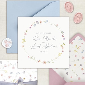 Wildblumen-Hochzeitseinladung, Blumenpastell-Briefpapier, Save the Date, handgemachte Boho-Pergaminjacke für Wiesengarten-Hochzeit