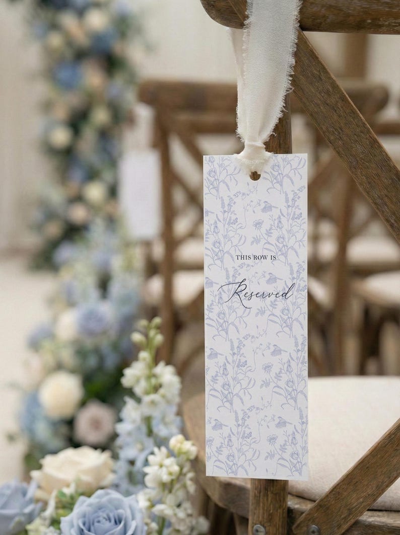 Dusty Blue Toile Reserved Seat Sign, Custom Wedding Name Tag, Raw Ribbon, Vintage Floral Ceremony Decor, Old Money Aesthetic, Patina Blue image 1