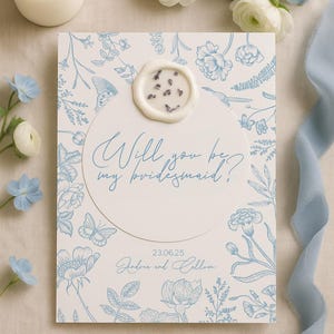 Cartão de proposta para madrinha de casamento / Azul francês / Convite de casamento / Tema de jardim / Convite floral / Pré-dobrado / Cartão com lacre de cera para flores prensadas