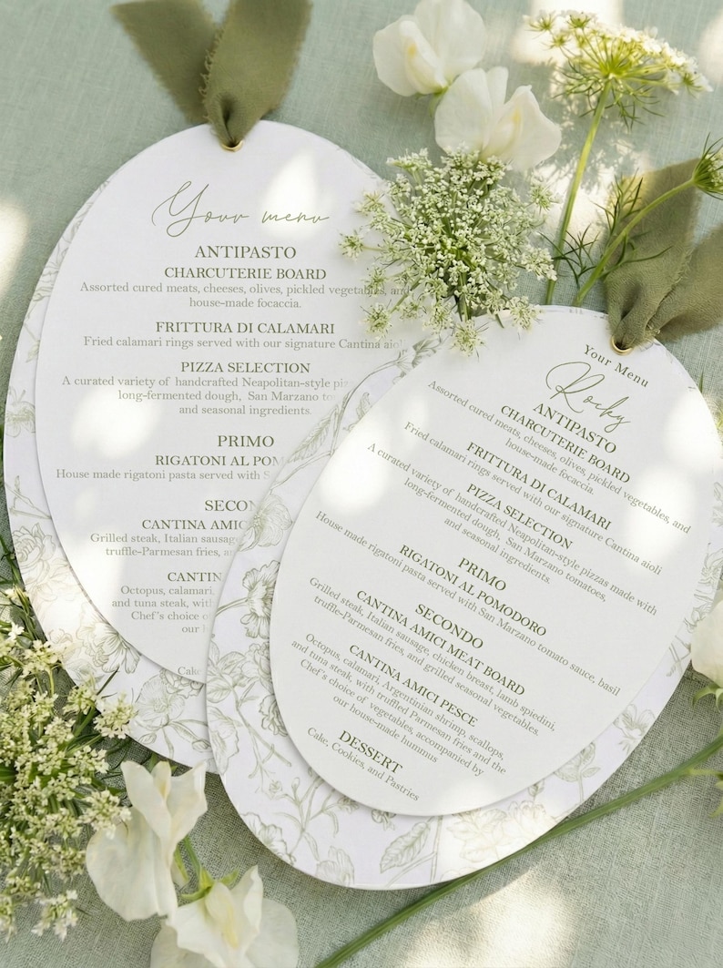 Botanical Wedding Menu | Sage Green Ribbon, Luxury Italian Oval Dinner ...