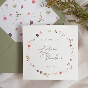 Invito a nozze con fiori selvatici da giardino, cancelleria floreale in salvia, salva la data, giacca in pergamena con fiori pressati boho fatti a mano per matrimonio sul prato