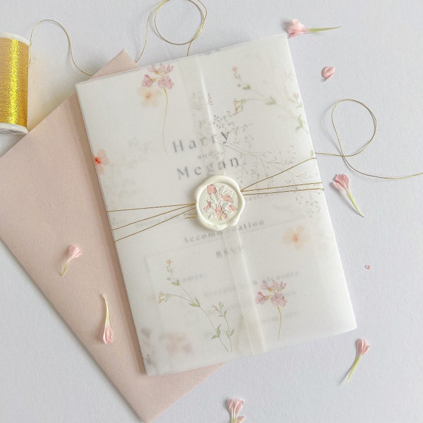 Wildflower Wedding Invitation Suite / Floral Stationery Card / Dreamy Spring / Handmade Boho Pressed Flower Vellum Jacket Meadow Garden