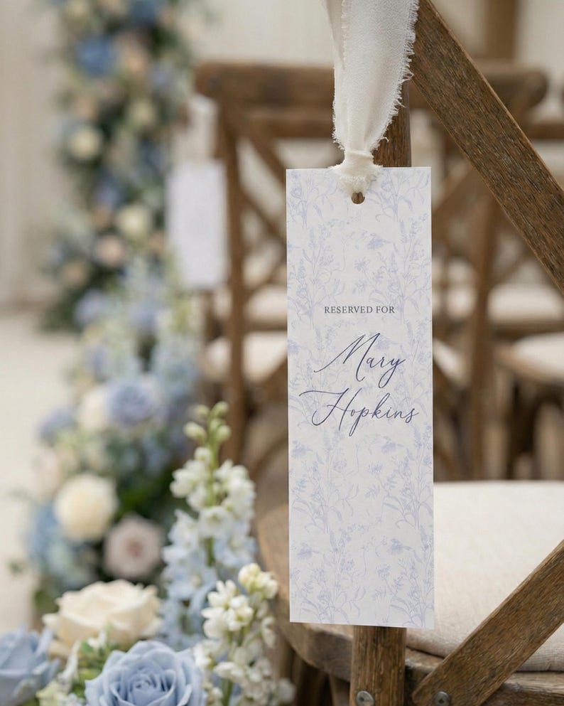 Dusty Blue Toile Reserved Seat Sign, Custom Wedding Name Tag, Raw Ribbon, Vintage Floral Ceremony Decor, Old Money Aesthetic, Patina Blue image 8