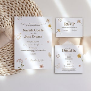 Suite de invitación de boda de jardín de flores silvestres prensadas / Tarjeta de papelería floral / Primavera de ensueño / Paquete de ducha de flores boho hecho a mano Botánico