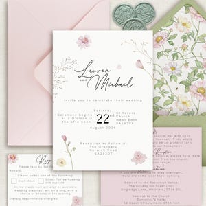 Echantillon de faire-part de mariage floral rose romantique | Invitation de jardin de cottage | Papeterie florale à l'aquarelle | Mariage botanique sur le thème du pastel