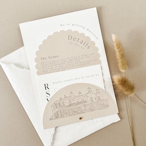 Suite d’invitation de mariage neutre sur site personnalisé / Carte de croquis de papeterie unique festonnée / En forme de rêve / Fait à la main Boho Bundle Beige