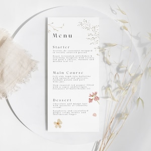 Menú de boda de flores silvestres prensadas / Tarjeta de papelería floral / Primavera de ensueño / Paquete de ducha de flores boho hecho a mano Jardín de pradera / Mesa mínima
