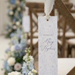 Dusty Blue Toile Reserved Seat Sign, Custom Wedding Name Tag, Raw Ribbon, Vintage Floral Ceremony Decor, Old Money Aesthetic, Patina Blue image 4