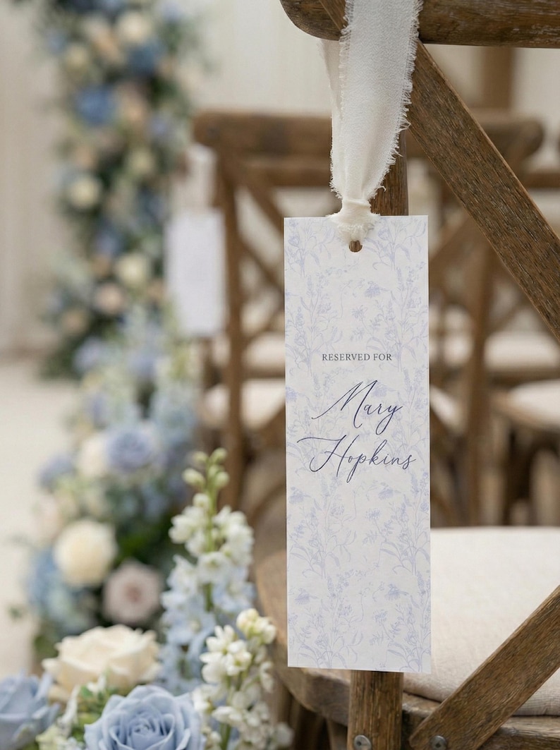 Dusty Blue Toile Reserved Seat Sign, Custom Wedding Name Tag, Raw Ribbon, Vintage Floral Ceremony Decor, Old Money Aesthetic, Patina Blue image 4