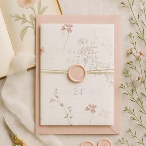Blush Wildflower Wedding Invitation Suite | Floral Stationery Card | Spring Handmade | Boho Pressed Flower | Vellum Jacket | Meadow Garden