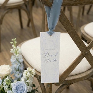 Dusty Blue Toile Reserved Seat Sign, Custom Wedding Name Tag, Raw Ribbon, Vintage Floral Ceremony Decor, Old Money Aesthetic, Patina Blue image 5