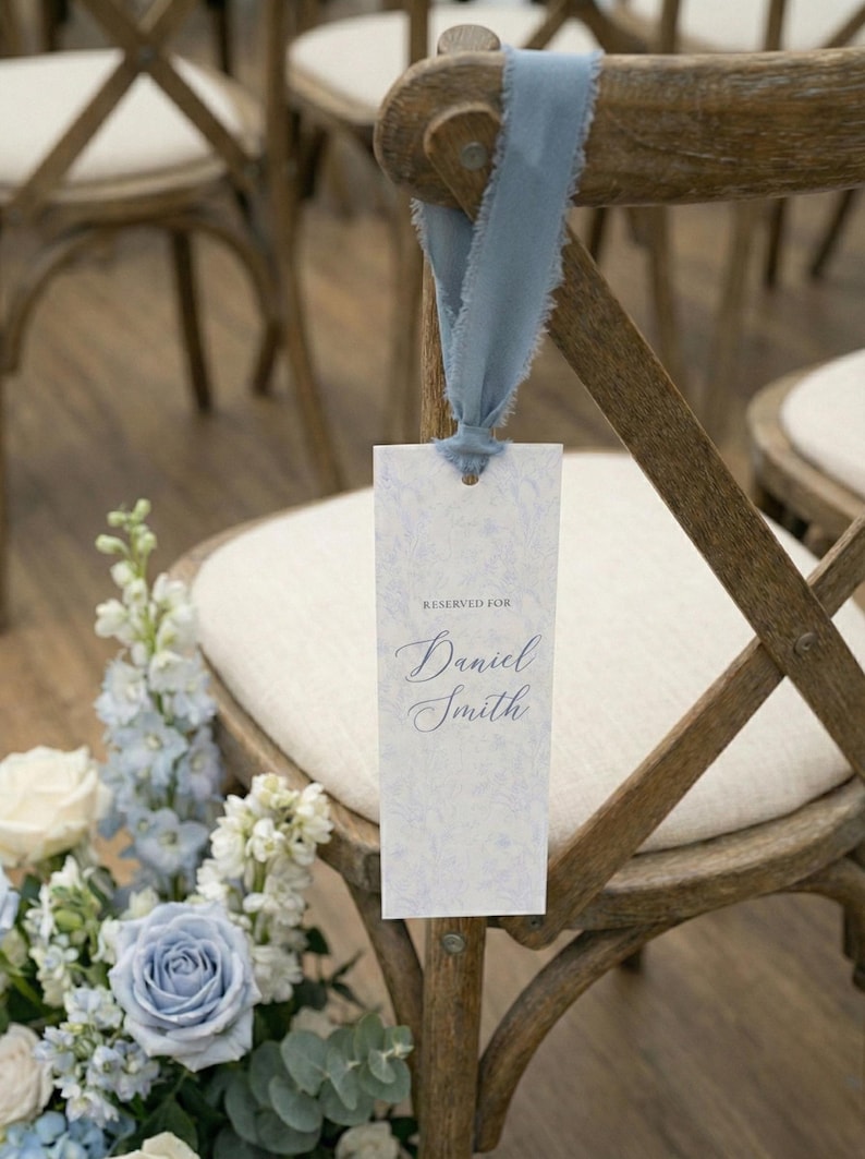 Dusty Blue Toile Reserved Seat Sign, Custom Wedding Name Tag, Raw Ribbon, Vintage Floral Ceremony Decor, Old Money Aesthetic, Patina Blue image 5