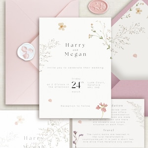 Conjunto de invitación de boda con flores silvestres, tarjeta de papelería floral, primavera de ensueño, flores prensadas bohemias hechas a mano, cubierta de vitela, prado