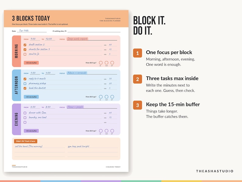 Dailly Task Sheet Time Blocking Planner Printable for ADHD, Daily Time Block Schedule ...