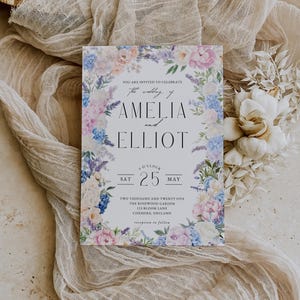 Garden Floral Wedding Invitation Template, Pink Peonies and Lavender, Editable Digital Wedding Invite, Canva Template, Spring Summer Wedding