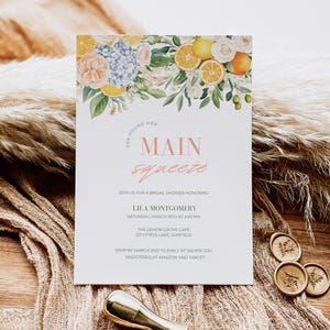 She Found Her Main Squeeze Bridal Shower Invitation, Editable Lemon Invite, Pink Floral Citrus, Instant Download, Citrus Bridal Shower -MILA