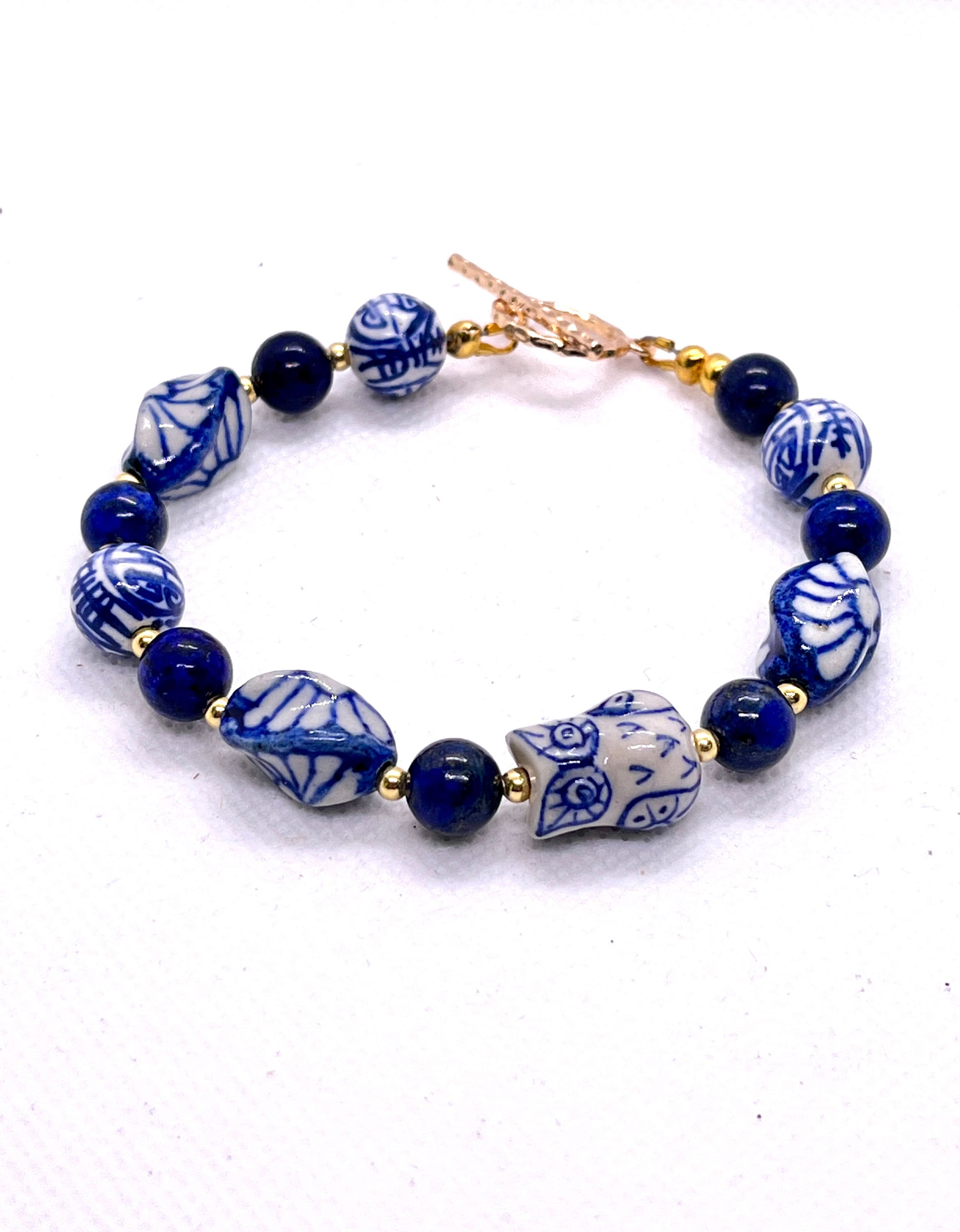 Blue white porcelain bead bracelet owl grandmillenial lapis lazuli gold bead and toggle ginger jar b