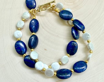 Bracelet Navy royal blue lapis lazuli cultured Pearl nautical classic dressy statement classy gold toggle two multi strand FREE SHIP custom