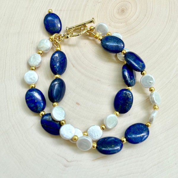 Bracelet Navy royal blue lapis lazuli cultured Pearl nautical classic dressy statement classy gold toggle two multi strand FREE SHIP custom